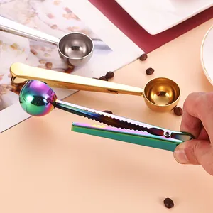 Stainless Steel Coffee Scoop With Bag Sealing Clip Multifunctional Measuring Spoon For Coffee Beans Milk Powder Bag Sealer Home Kitchen Accessories