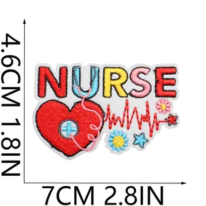 Detailed view of colorful nurse heart embroidered patch showing dimensions 4.6cm by 7cm