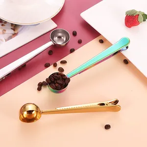 Stainless steel coffee measuring spoon with integrated bag sealing clip in various finishes