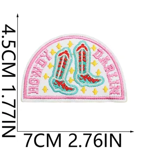 Close-up of pink cowboy boot embroidery patch showing dimensions 7x4.5cm for DIY craft