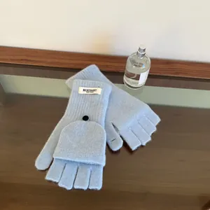 Premium soft light blue 100% wool flip-top fingerless gloves for winter outdoor warmth