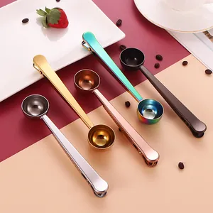 Stainless steel coffee measuring spoons with clips in multiple colors for sealing bags