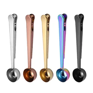 Set of stainless steel coffee measuring spoons with bag clips in 5 assorted colors