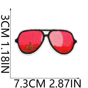 Detailed dimensions of pink sunglasses embroidery patch with cowboy horse silhouette