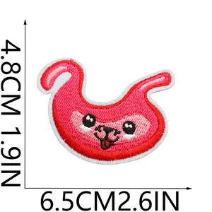 Detail view of cute pink stomach organ embroidered patch with dimension markings