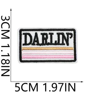 Rectangular darlin' embroidered patch with pink stripes and dimensions 5cm x 3cm detail