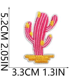 Macro detail of pink cactus embroidery patch showing precise size 5.2cm x 3.3cm