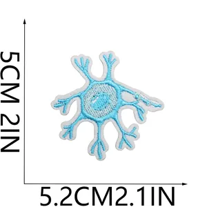 Detailed view of a blue neuron embroidery patch with visible 5cm by 5.2cm dimensions marked