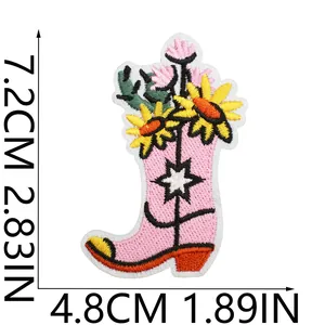 Pink cowboy boot embroidery patch featuring sunflowers and star with 7.2cm height