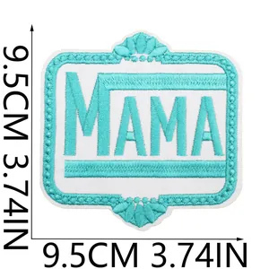 Turquoise and white square MAMA embroidered patch with dimensions 9.5cm by 3.74 inches