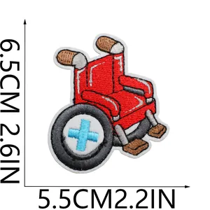 Detailed red wheelchair embroidery patch with medical cross icon, measuring 6.5cm by 5.5cm