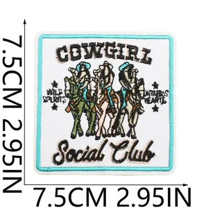 Square Western cowgirl social club embroidery patch detailed view, size 7.5cm by 7.5cm