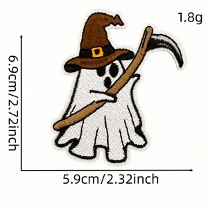 Parche bordado de fantasma de Halloween con guadaña y sombrero de bruja, 6,9x5,9cm