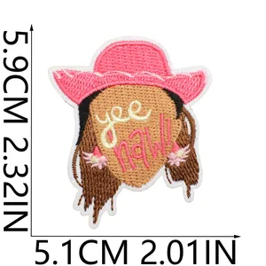 Close-up of pink western cowboy girl embroidery patch showing 5.9cm x 5.1cm size