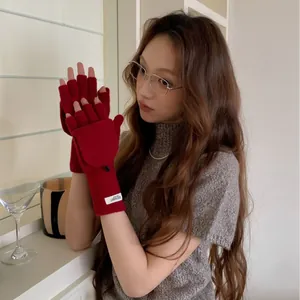 Red 100% wool convertible fingerless gloves with flip top cover for winter warmth