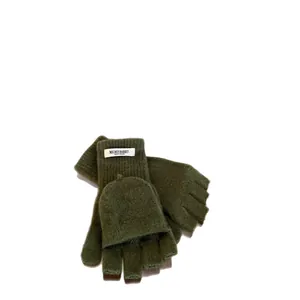 100% wool convertible flip top fingerless mittens in olive green for winter warmth
