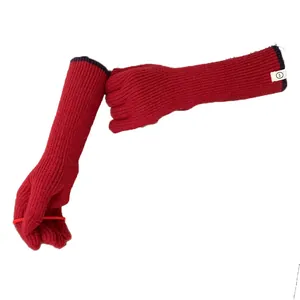 Red knitted long gloves for women featuring contrast trim and ribbed texture for winter warmth.