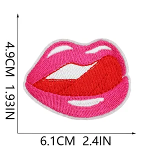 Detailed view of red and pink embroidered lips patch with precise 6.1cm by 4.9cm size measurements