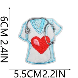 Detailed size view of nurse scrub embroidery patch with red heart and stethoscope.