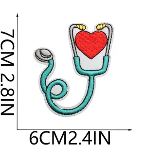 Close-up of heart stethoscope embroidery patch showing 7x6cm dimensions for clothing