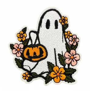 Parche bordado detallado de fantasma y calabaza para ropa y bolsos de Halloween