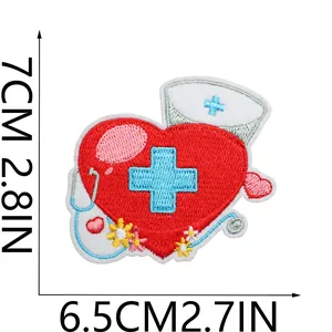 Detailed close-up view of heart nurse embroidery patch showing 7cm by 6.5cm dimensions