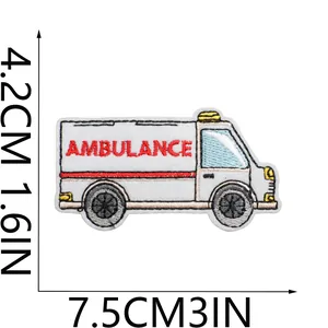 Detailed view of white ambulance embroidery patch showing 7.5cm by 4.2cm product dimensions