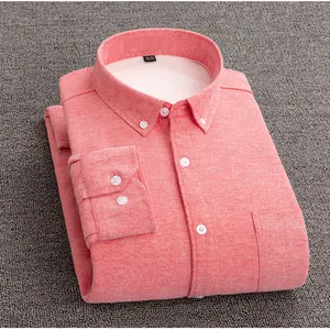 Detailed shot showing the soft fleece lining of this men's coral pink Oxford dress shirt