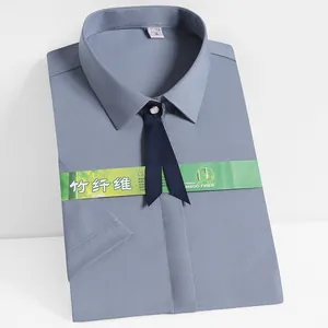 Professional bamboo fiber short-sleeve shirt for women with elegant navy blue bow tie