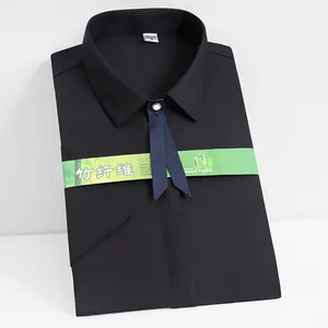 Women's elegant professional short-sleeve bamboo fiber shirt in black with ribbon tie