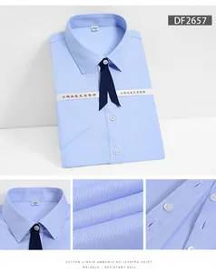 Détails rapprochés de la chemise en coton bleu clair sans repassage, tissu et col