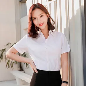 Chemise Blanche Professionnelle d'Été pour Femmes Mélange de Coton Manches Courtes Coupe Cintrée Blouse de Travail Formelle Top Business