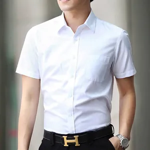 Men's Short Sleeve Business Shirt Slim Fit Solid Color Twill Dress Shirt Wrinkle Resistant Office Work Shirt Top
