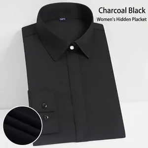 Professional charcoal black non-iron slim fit dress shirt for women with concealed placket.