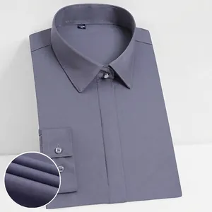 Professional women's slim fit gray long sleeve shirt with concealed placket
