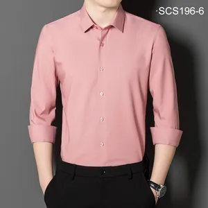 Professional men's pink mulberry silk long sleeve slim fit business shirt on model