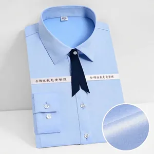 Chemise professionnelle à manches longues en coton bleu clair pour femme sans repassage