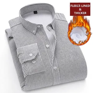 Men Business Casual Cotton Blend Fleece Lined Oxford Shirt Long Sleeve Thickened Striped Warm Non-Ironing Button-Down Top