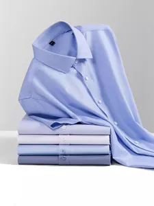 Chemises décontractées à manches longues en fibre de bambou pour hommes, tons bleus