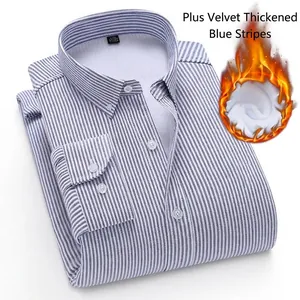 Men's blue striped oxford shirt with warm white fleece lining for winter business casual wear