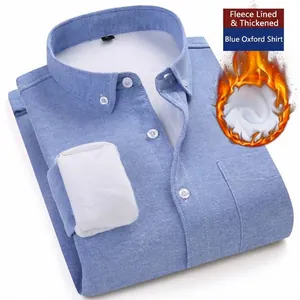 Men's warm fleece-lined oxford shirt in blue, thickened casual long sleeve winter shirt