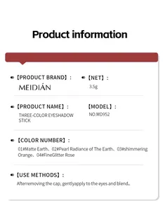 Product information card for MEIDIÁN three-color eyeshadow stick with four shades
