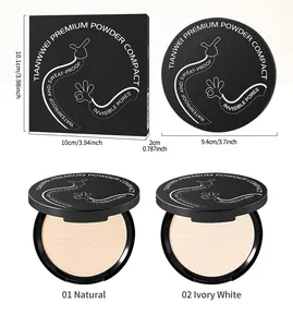 Detailed view of waterproof powder compact with dimensions and two skin tone shades