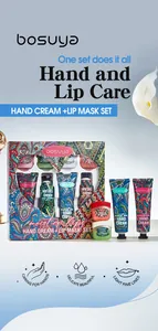 Professional detail shot of bosuya 8-piece hand cream and lip mask hydration gift set