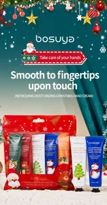 Detailed view of Bosuya Christmas hand cream set with five moisturizing tubes in festive packaging.