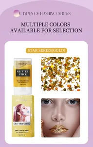 Detail of Meidian gold glitter stick showing model face and close-up glitter texture