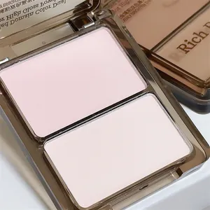 Vue macro détaillée d'une palette de poudre de contouring et d'enlumineur mat bicolore.
