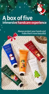 Detailed view of Bosuya Christmas-themed moisturizing hand creams in five scents