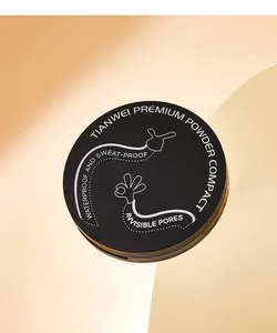 Close-up of Tianwei black powder compact with waterproof and pore invisible details.