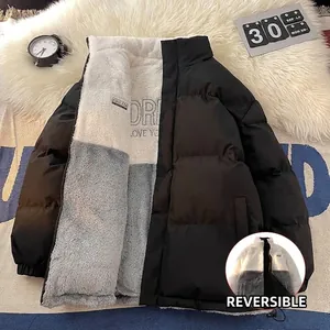 Veste Rembourrée en Coton Réversible à Col Montant Pour Hommes Femmes Hiver Patchwork en Polaire Sherpa Manteau Matelassé Imprimé Lettres Oversize